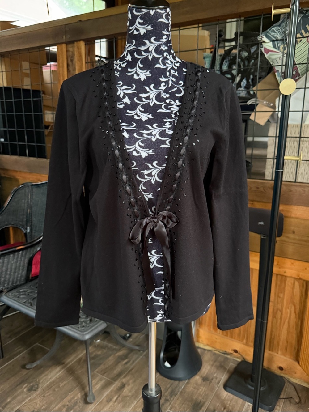 Nine & Co. Black Beaded Tie-Front Cardigan